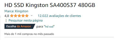 Página na Amazon do produto HD SSD da marca Kingston